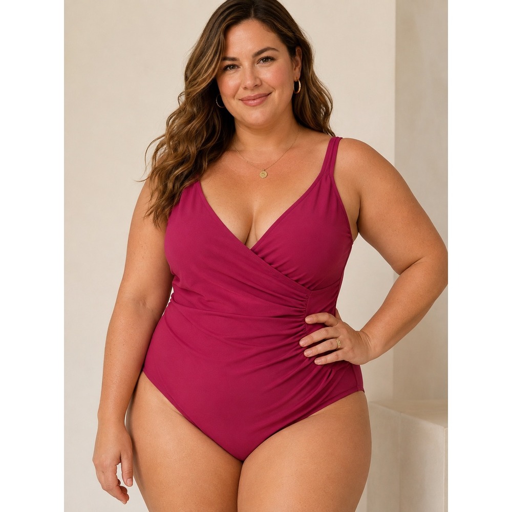 Miraclesuit Magenta Pink Wrap Front Ruched One Piece Swimsuit Size 16 63928